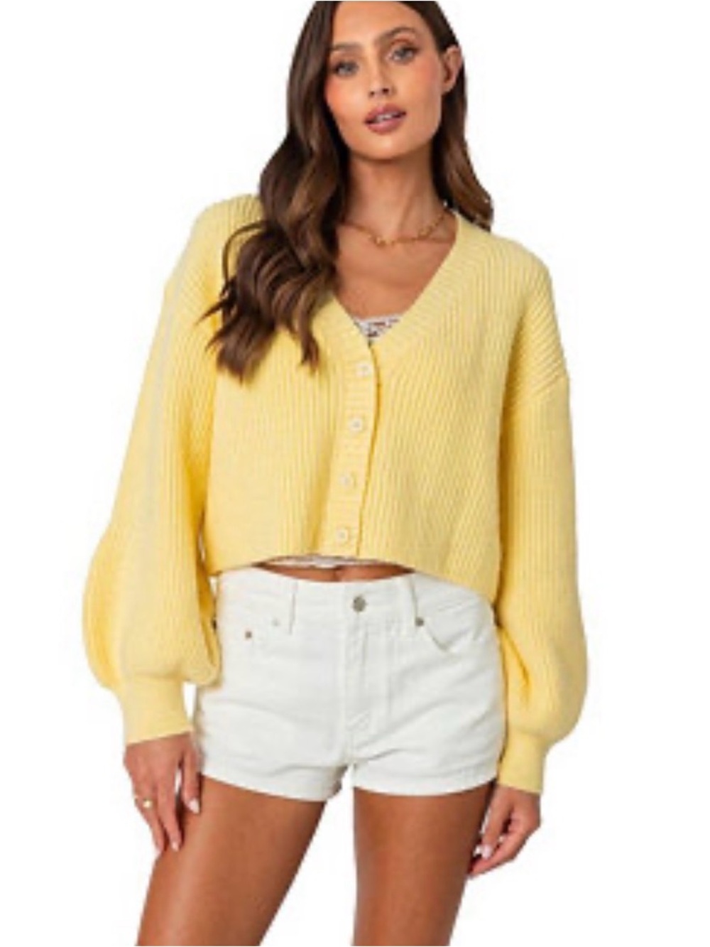 Edikted Cropped V-Neck Button Cardigan Yellow size Medium